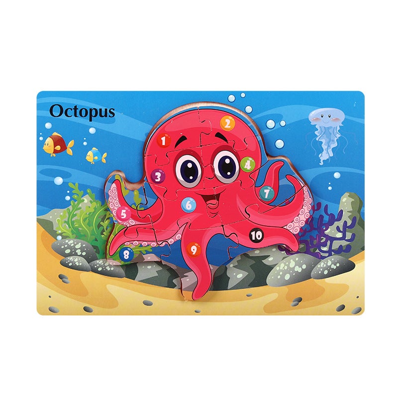 Wooden Animal Traffic Cognitive Cartoon Three-Dimensional Puzzle Toy Early Education Educational Children'S Big Block Matching Toy - Image 1